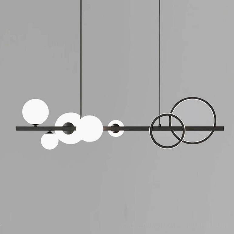 Bubi glass bubble chandelier variant in black and white finish with warm light, premium studio product photography