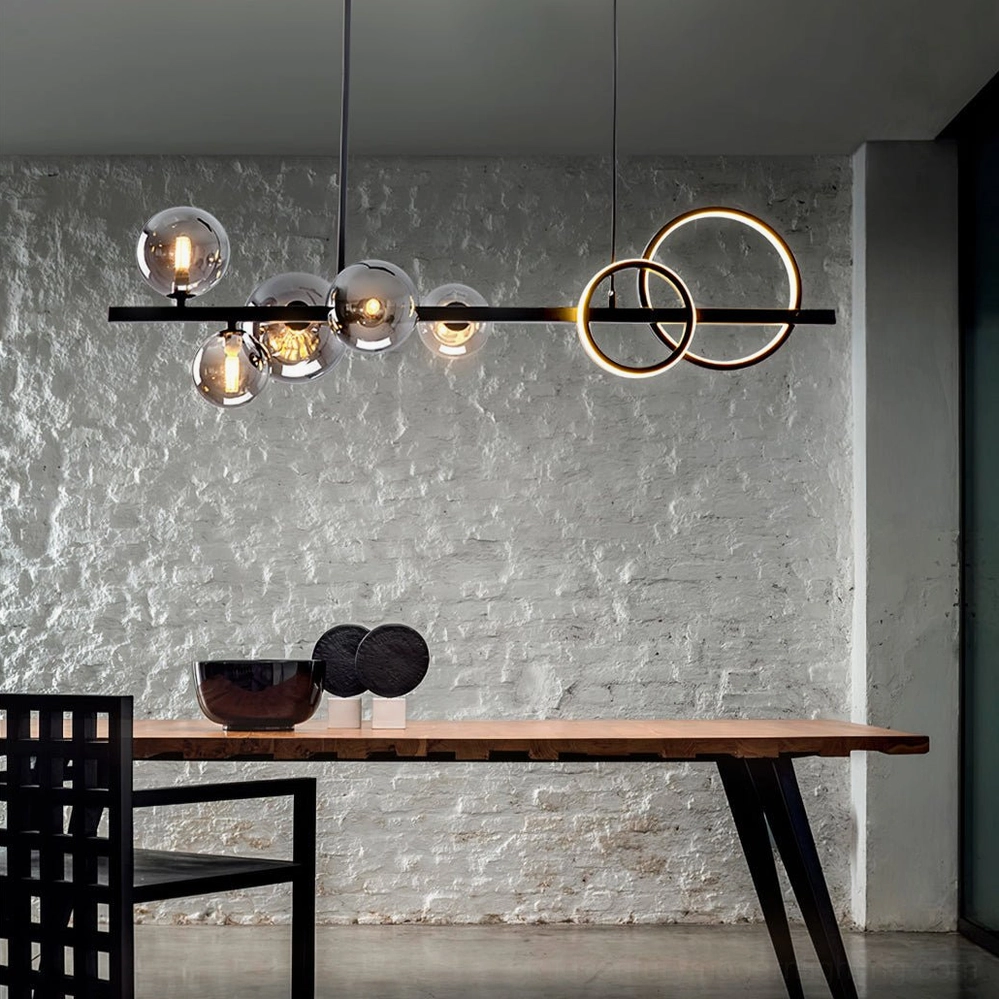 Bubi linear glass bubble chandelier showcasing design versatility in contemporary home interior with architectural ceiling details
