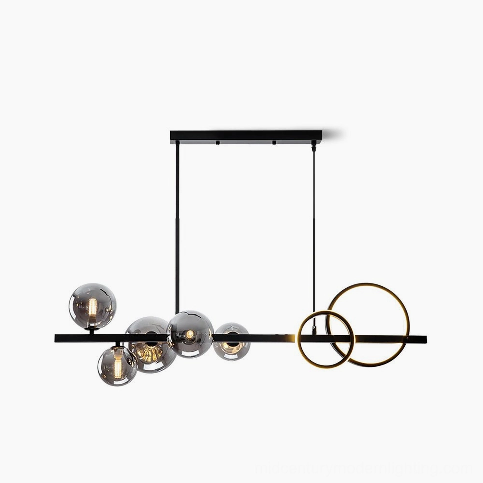 Bubi modern glass bubble chandelier with black metal frame and gold ring accents, frontal studio view on white background