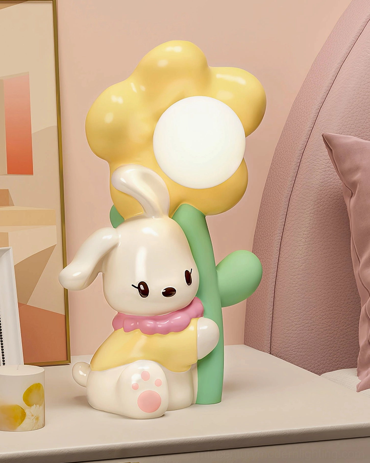 Close-up detail of Bunny Flower Table Lamp with matte ceramic finish and soft pastel colors