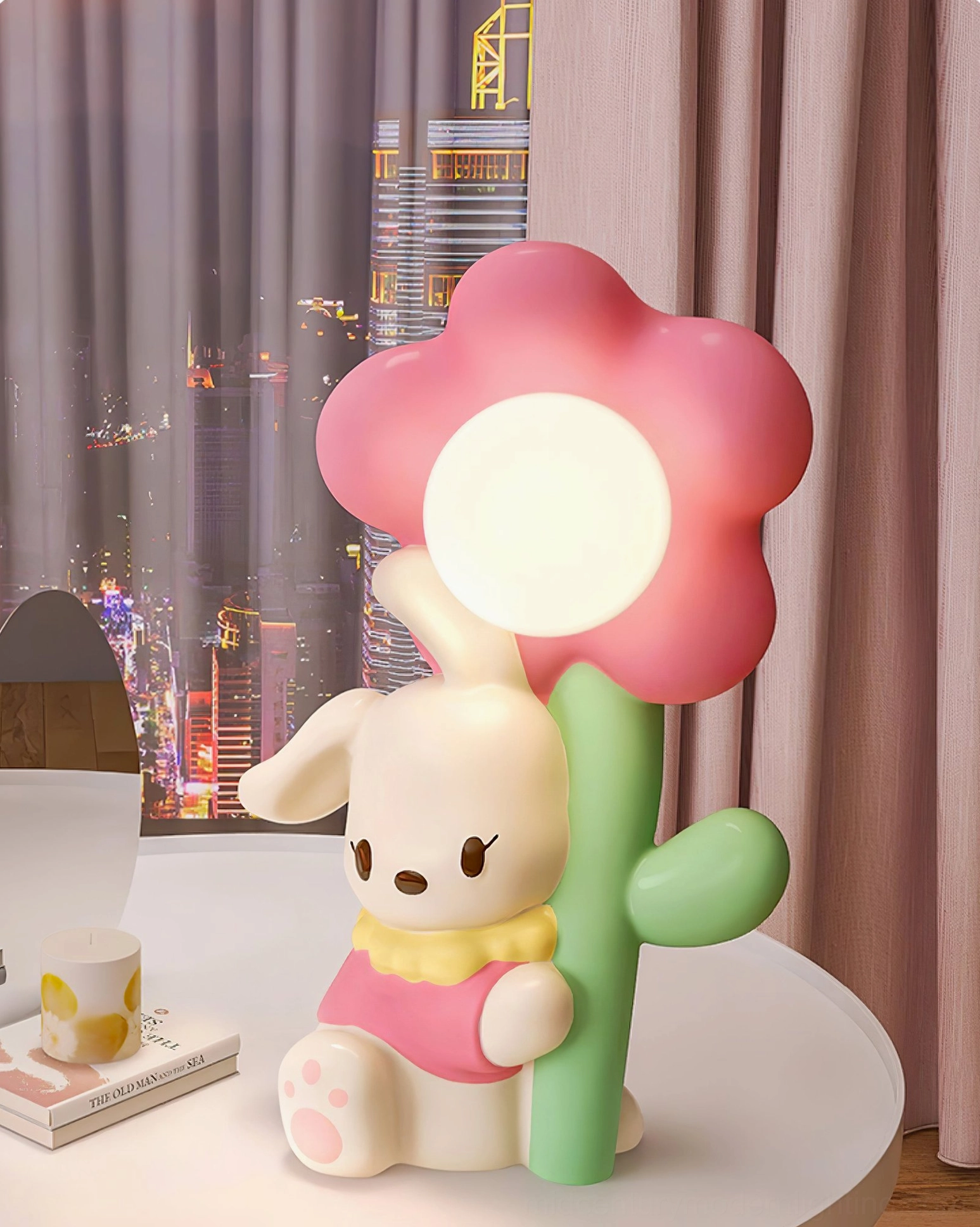 Bunny Flower Table Lamp lifestyle photograph in contemporary home setting with warm lighting