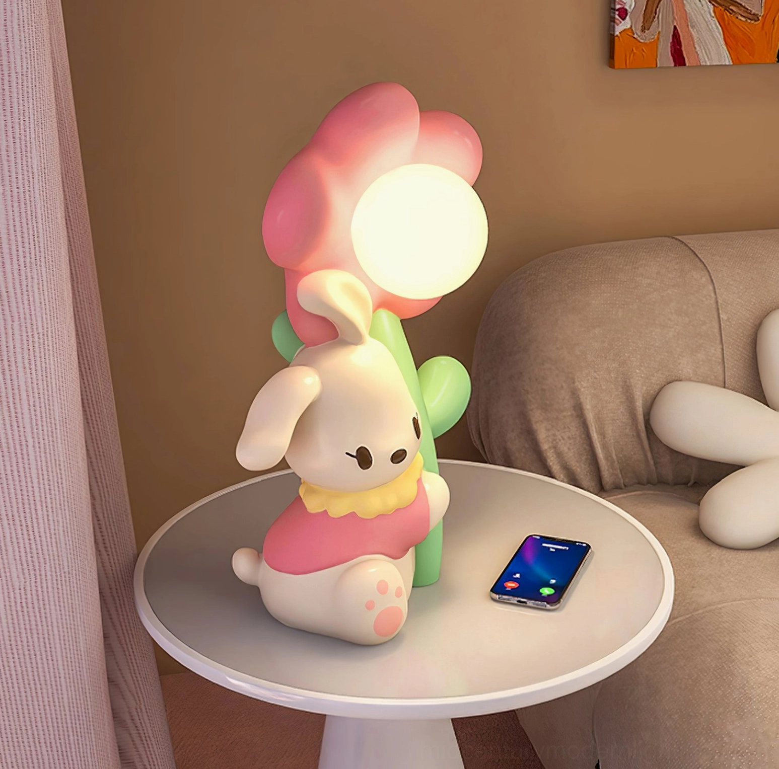 Bunny Flower Table Lamp artistic photography showing light diffusion and ceramic finish