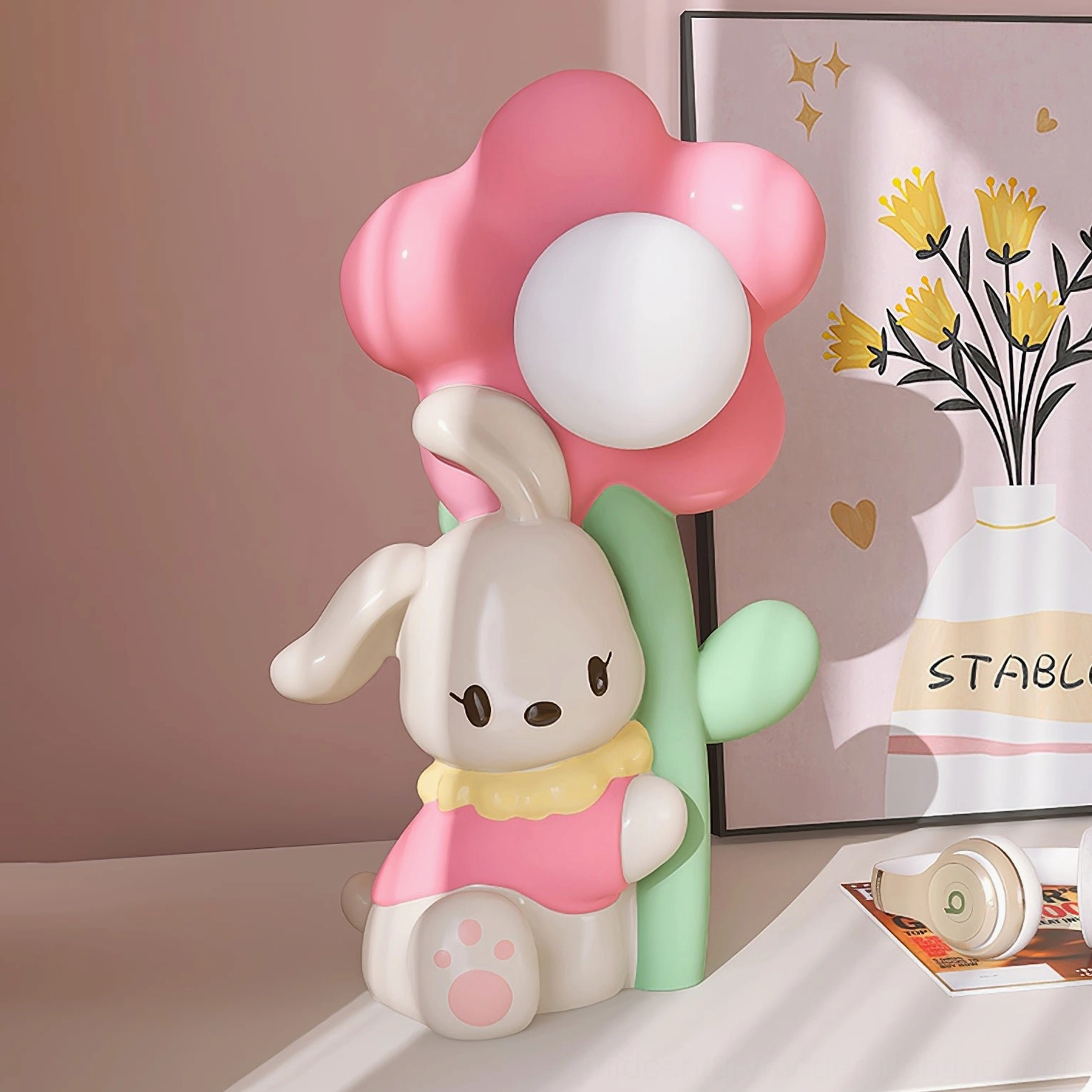 Contemporary Bunny Table Lamp overhead view on bedroom nightstand with bright pink flower shade