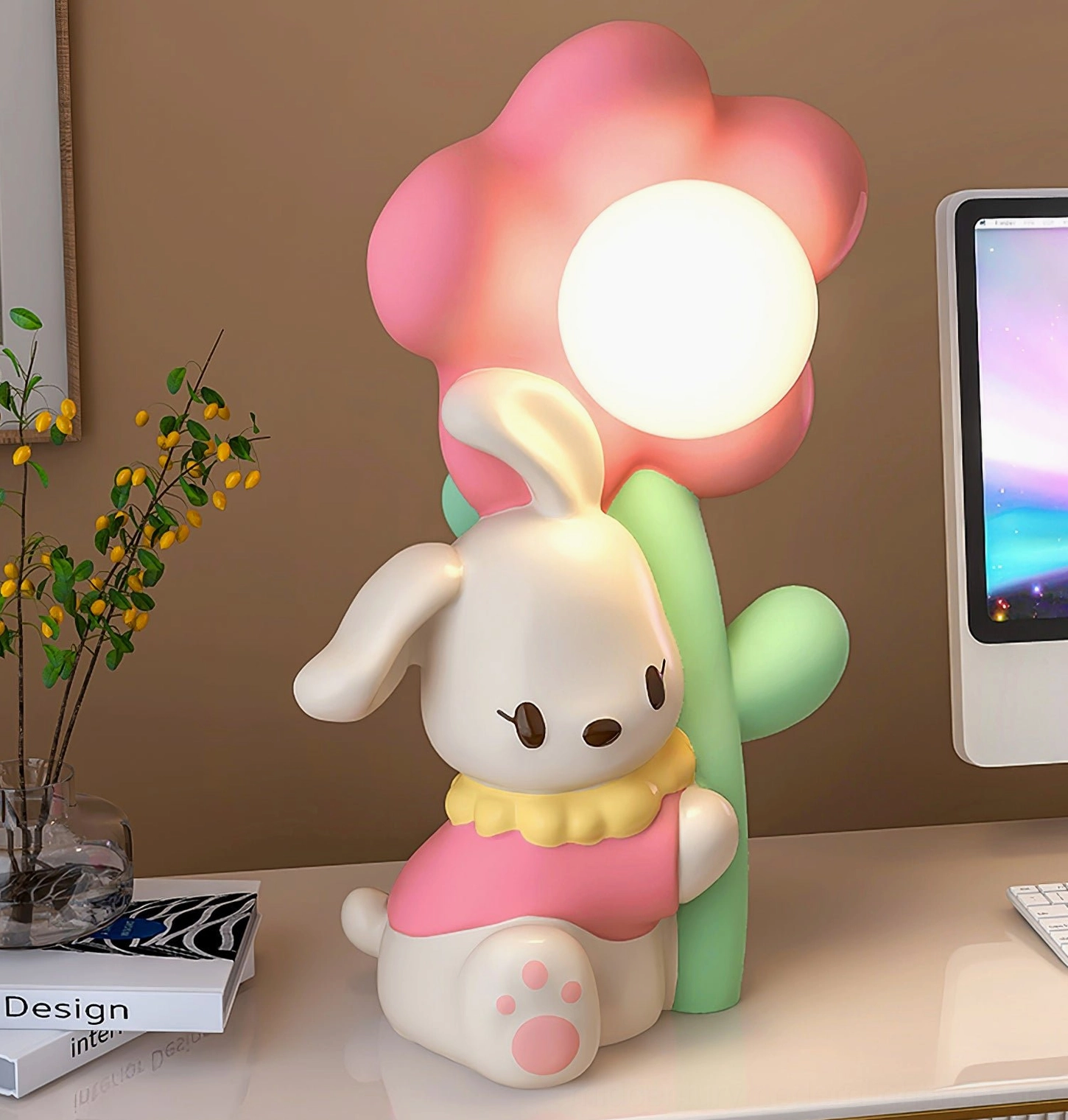 Modern ceramic Bunny Flower Table Lamp in minimalist interior design setting