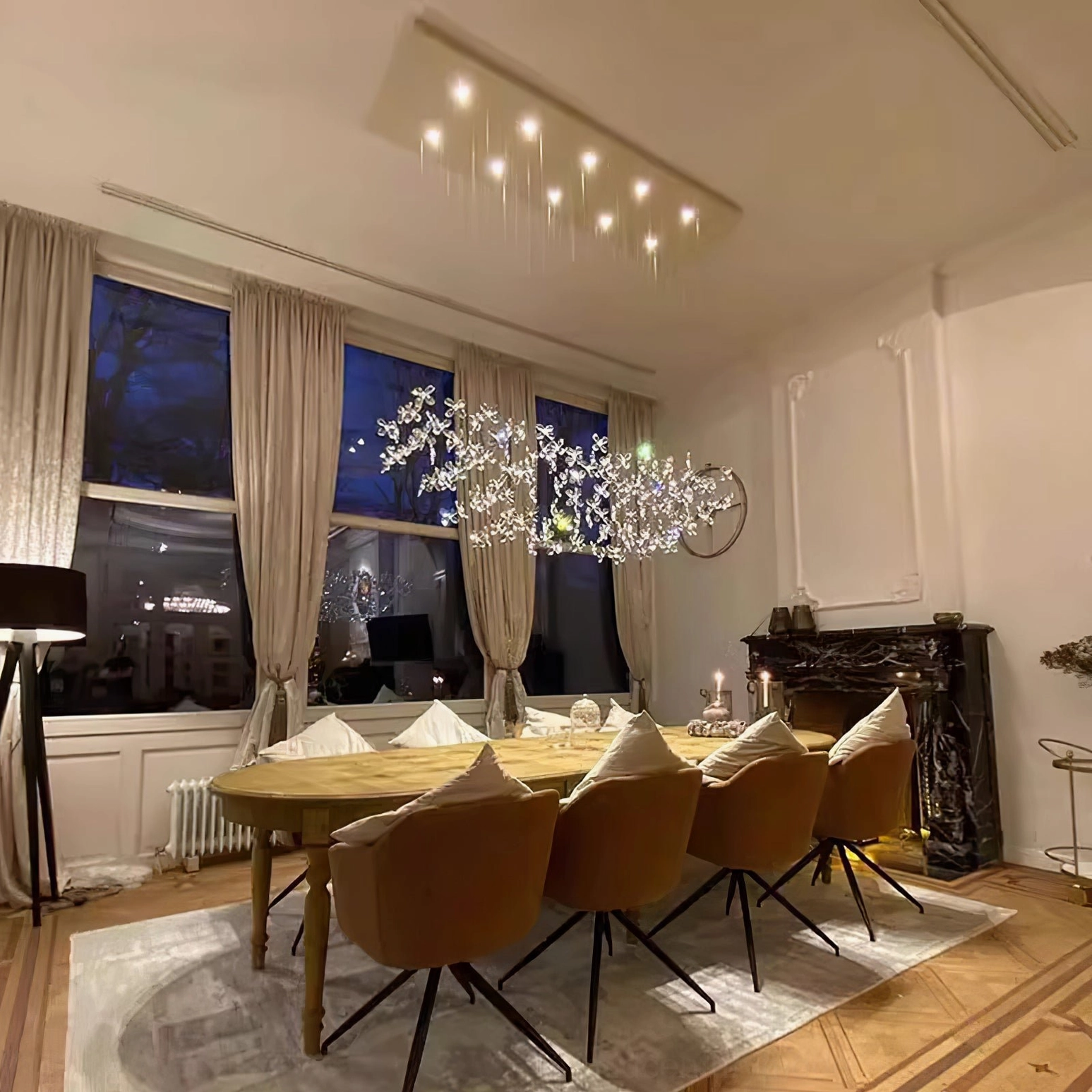 Crystal butterfly chandelier complete pendant assembly, diamond-cut crystal flowers with silver stainless steel canopy and LED integrated lighting system