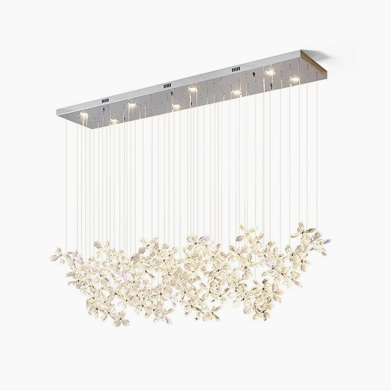 Crystal butterfly pendant chandelier large rectangular model, 59 inch length modern fixture, extensive crystal flower clusters, contemporary lighting statement