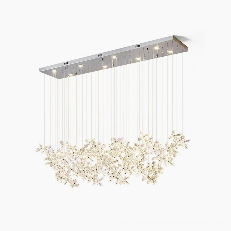 Crystal butterfly chandelier mid-size rectangular model, 47.2 inch length pendant fixture, adjustable crystal flower arrangement, modern LED design