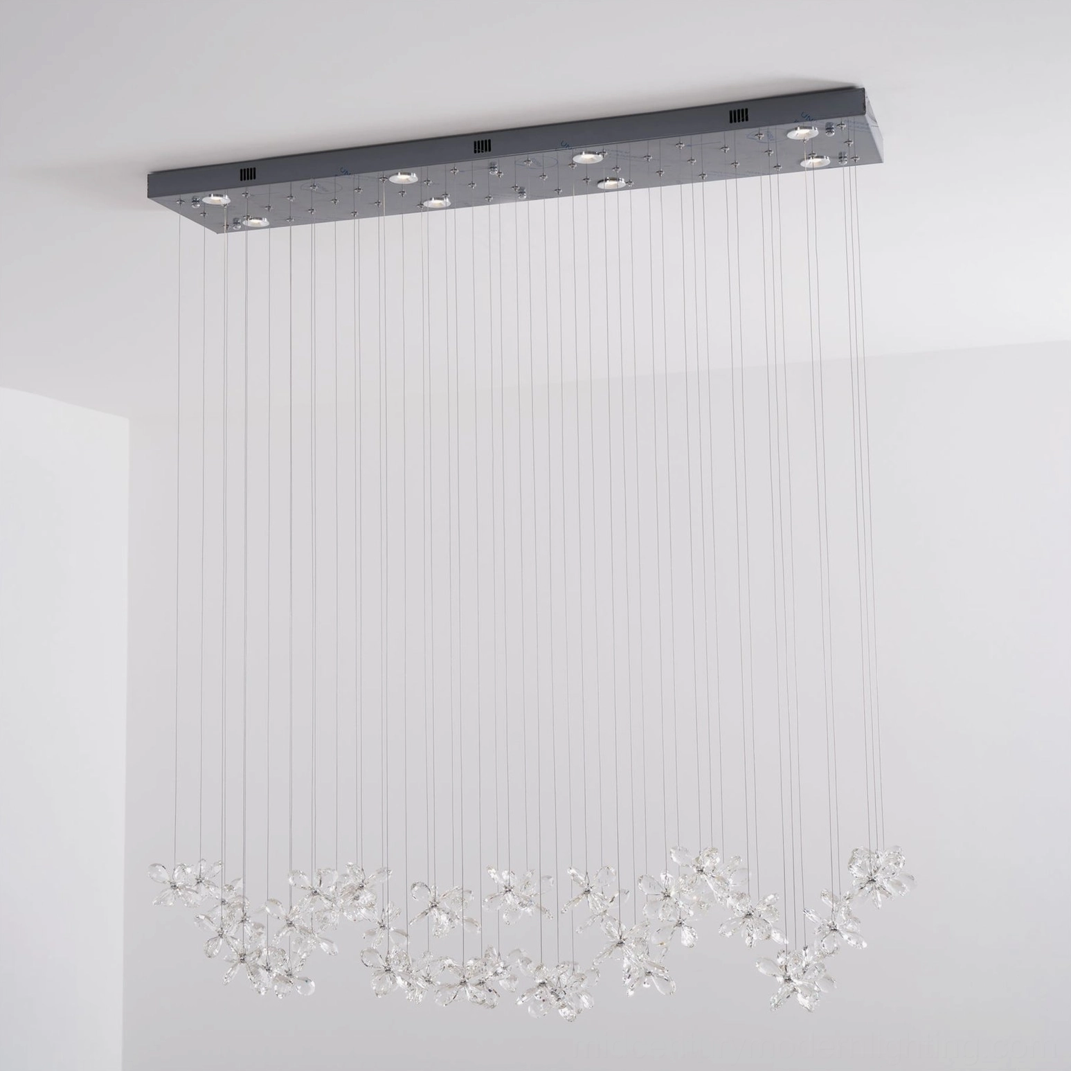 Crystal butterfly chandelier rectangular canopy with extended wire suspension, modern pendant hanging system, professional installation hardware