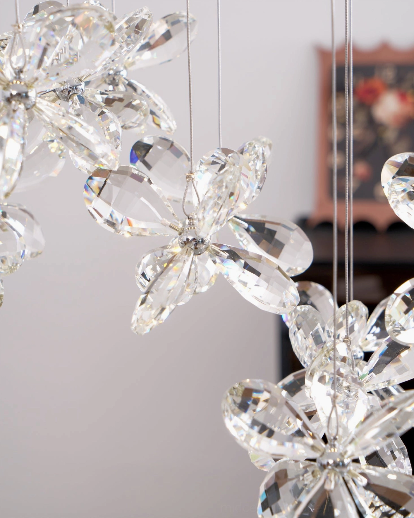 Crystal butterfly pendant chandelier artistic design view, sculptural crystal flower formation, modern mid-century aesthetic lighting fixture