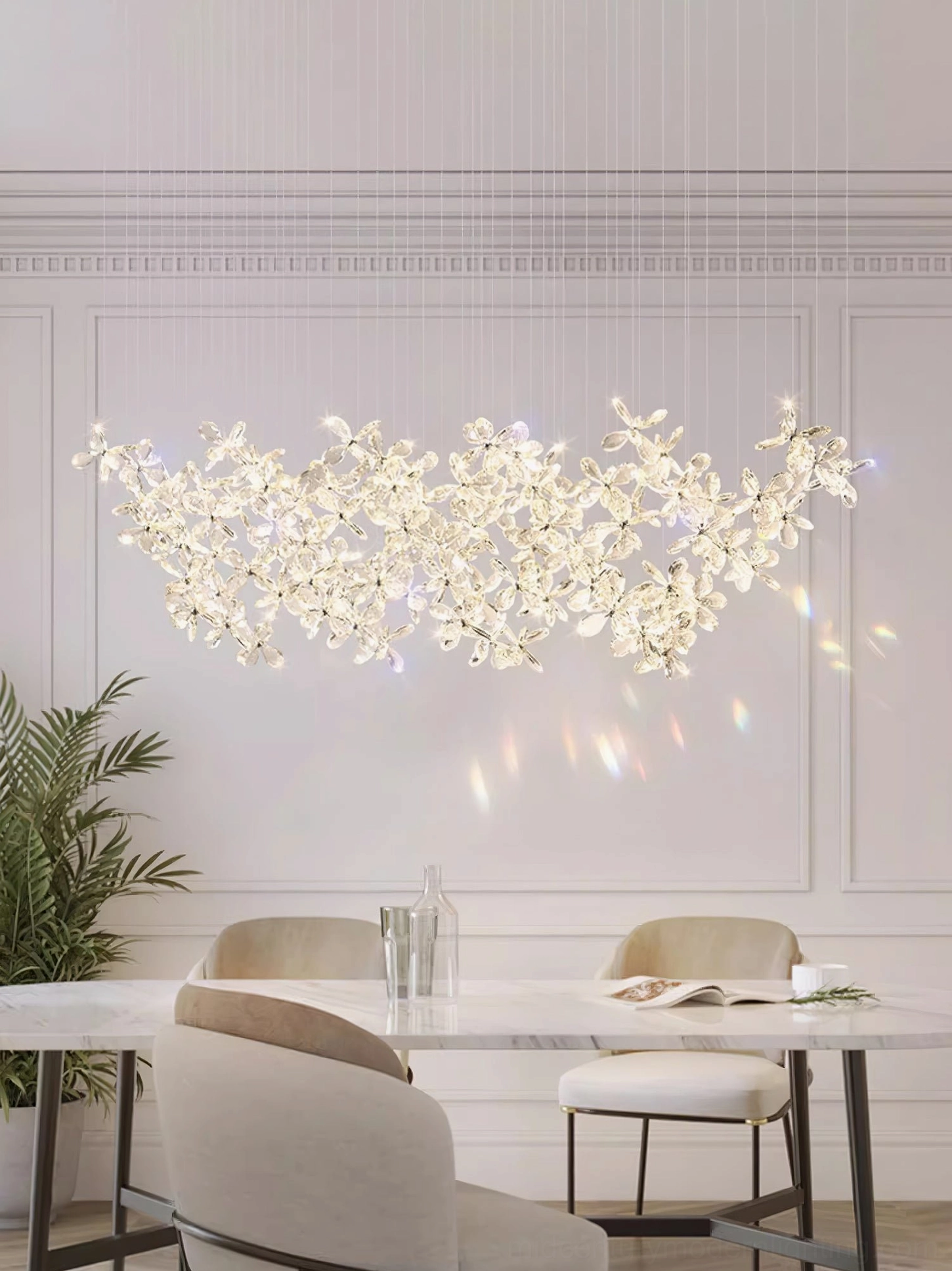 Crystal butterfly pendant chandelier full fixture overhead view, modern LED lighting design, multiple crystal flower clusters with metal suspension hardware