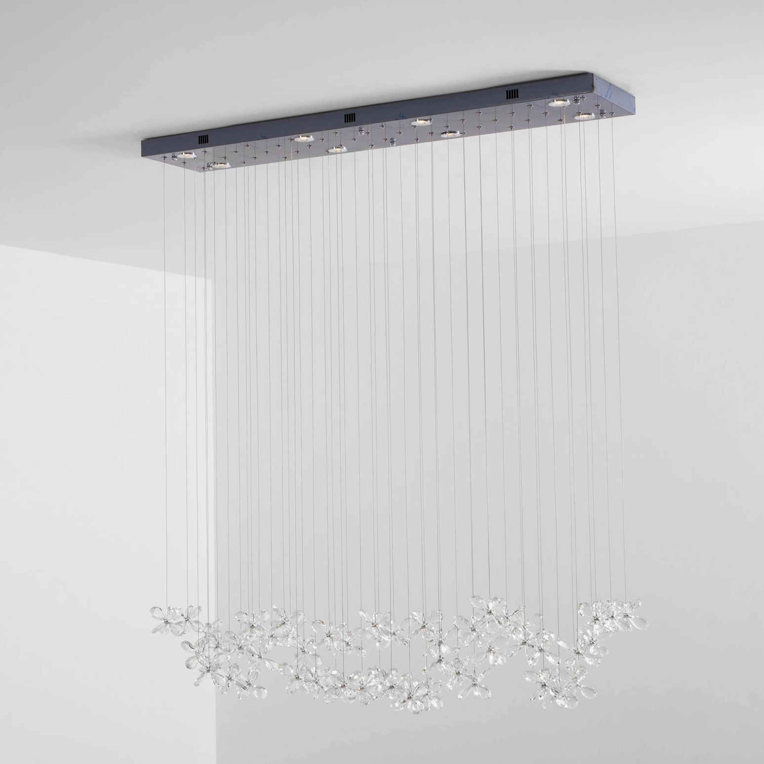 Crystal butterfly circular chandelier canopy design, round pendant fixture with silver metal base, contemporary modern lighting installation