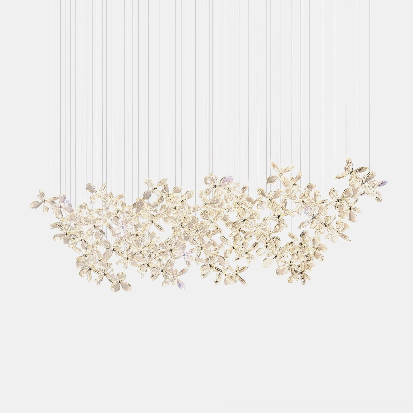 Butterfly crystal chandelier installed above dining area, contemporary pendant lighting with warm LED glow, crystal faceted reflections in luxury setting