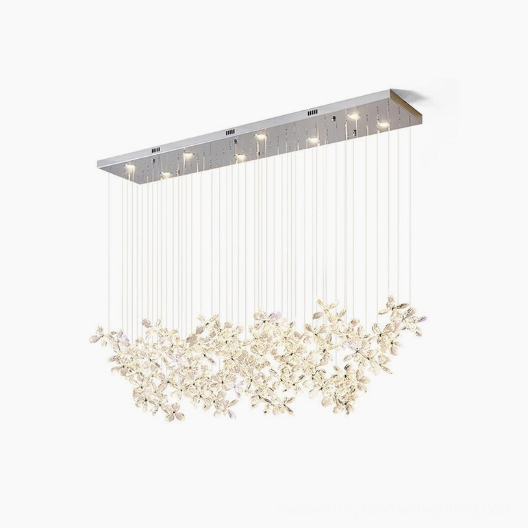 Crystal butterfly pendant chandelier rectangular canopy configuration, linear design with multiple crystal flower clusters, modern sleek proportions