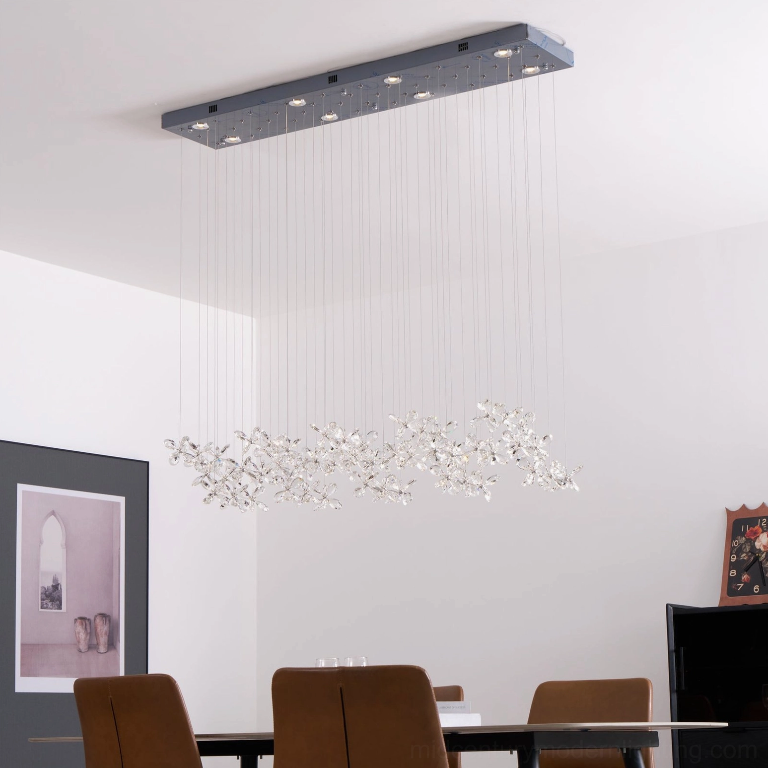 Crystal butterfly chandelier warm dimming functionality, adjustable LED brightness through faceted crystal petals, contemporary light control feature