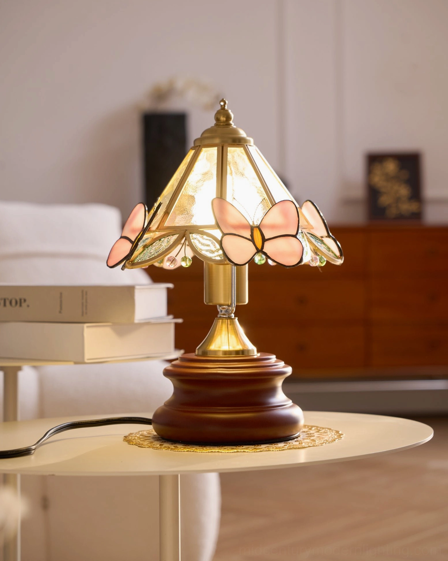 Jenny Butterfly Stained Glass lamp detail view showing brass hardware, glass construction, and butterfly embellishments