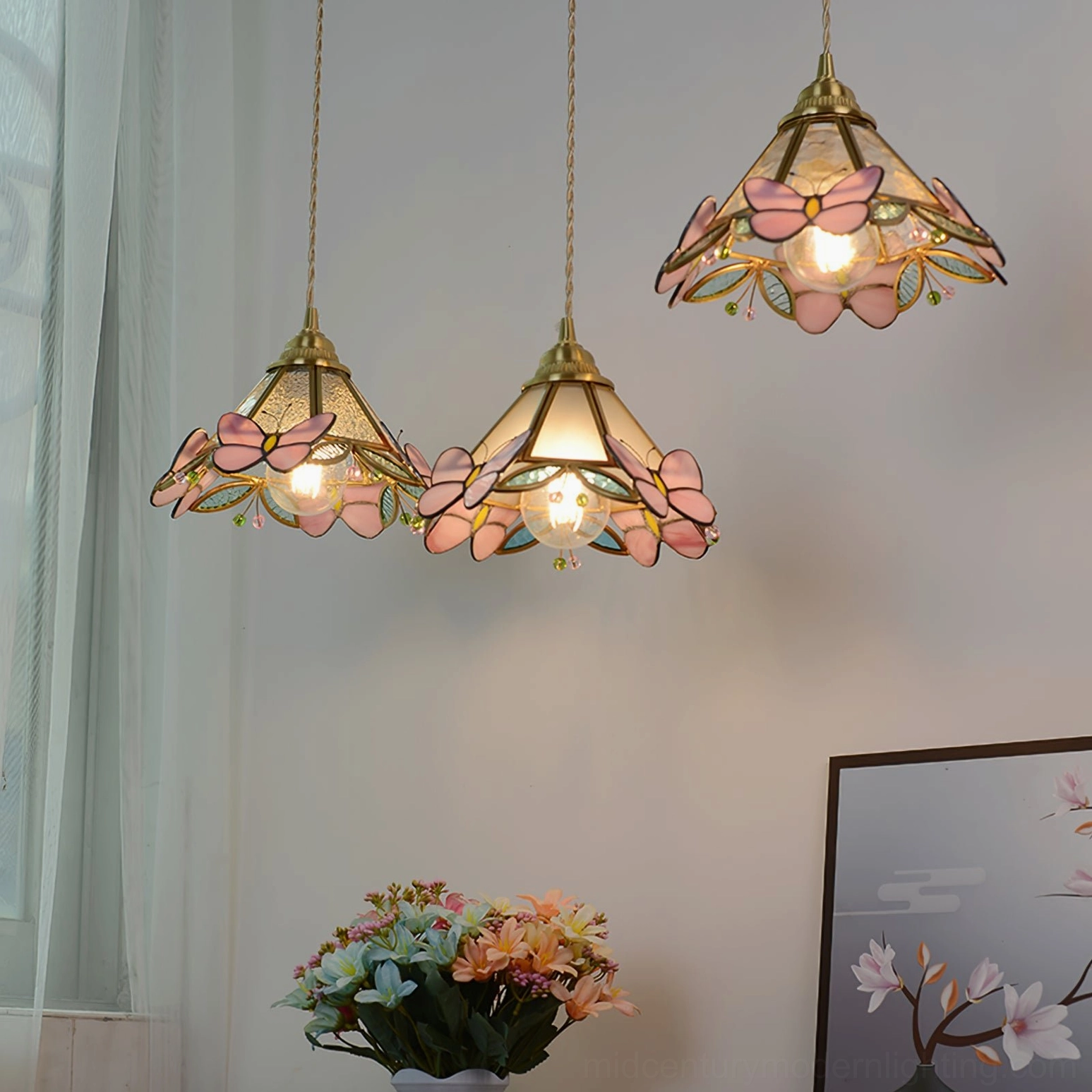 Lulla Butterfly Stained Glass Pendant Lamp Illuminated in Bedroom Reading Nook