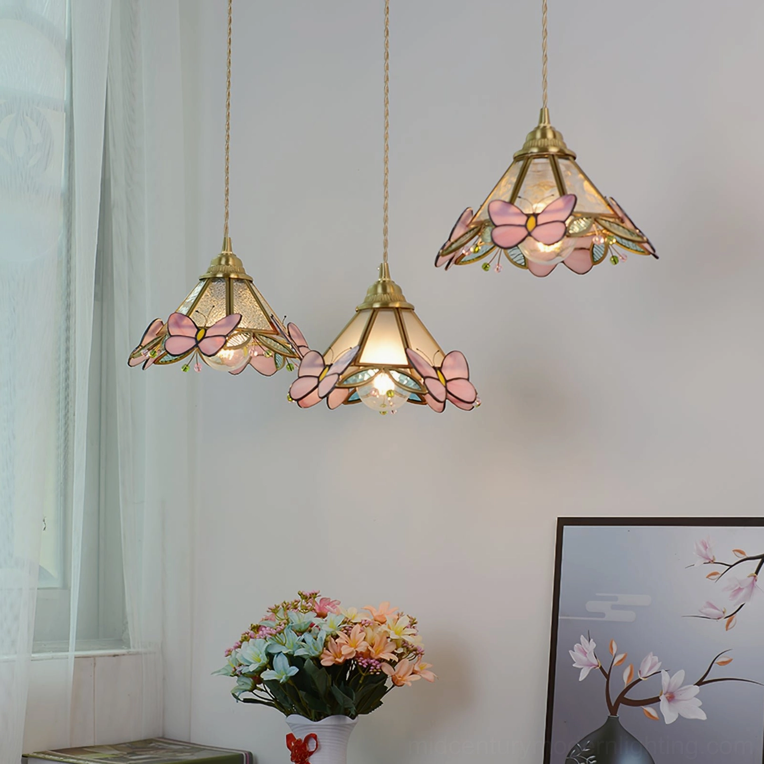 Stained Glass Butterfly Pendant Light Showing Glass Panel Texture and Light Diffusion