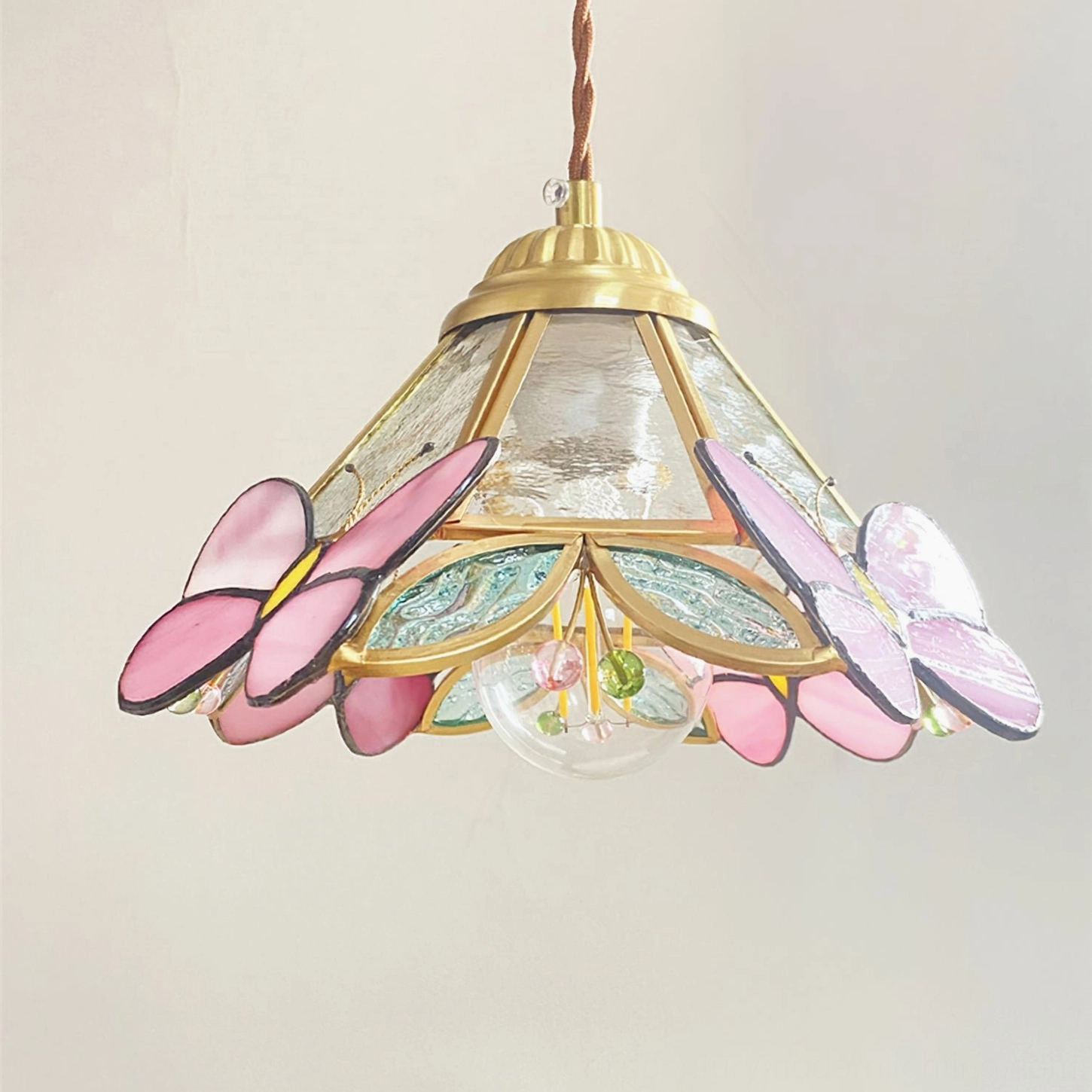 Lulla Butterfly Pendant Lamp Bottom-Up View Showing Pink Glass Butterflies and Textured Shade