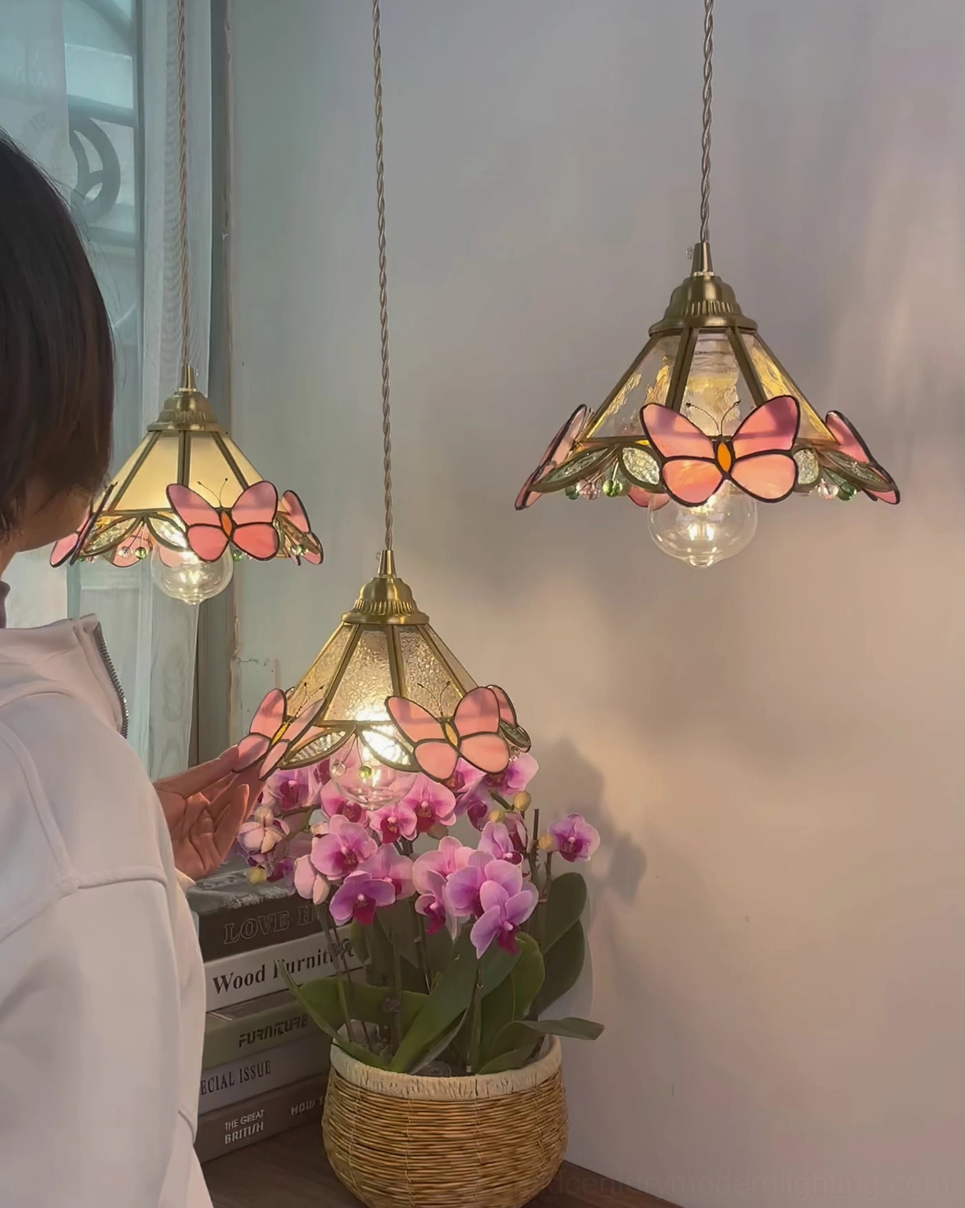 Colorful Stained Glass Butterfly Pendant Lamp with Brass Mounting Hardware Detail
