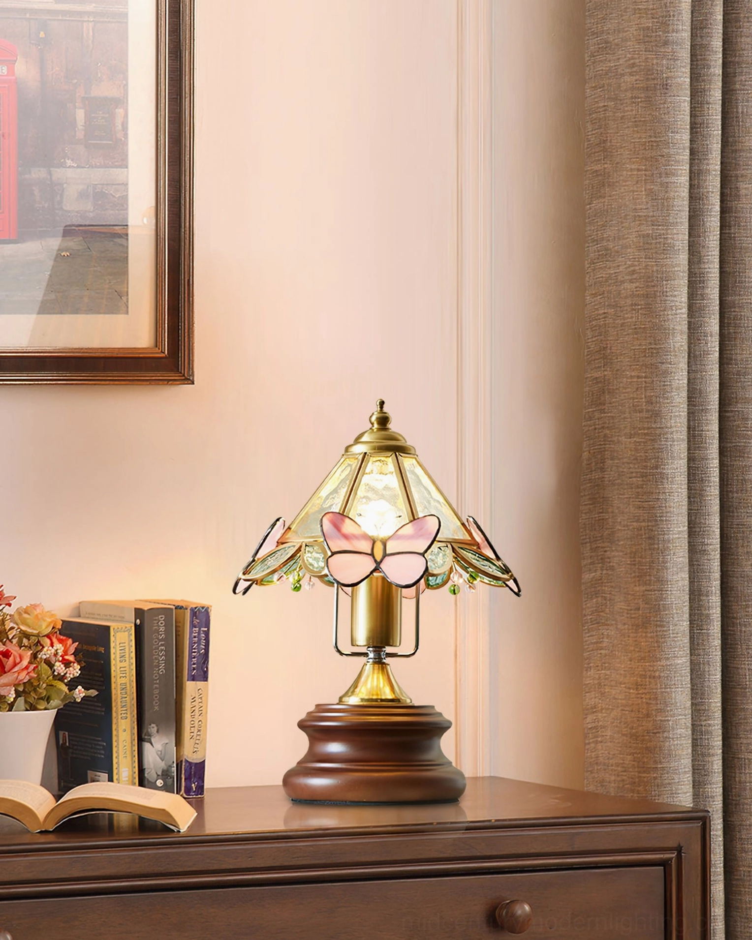 Butterfly stained glass table lamp with pink butterfly motifs on wooden base, elegant tabletop display