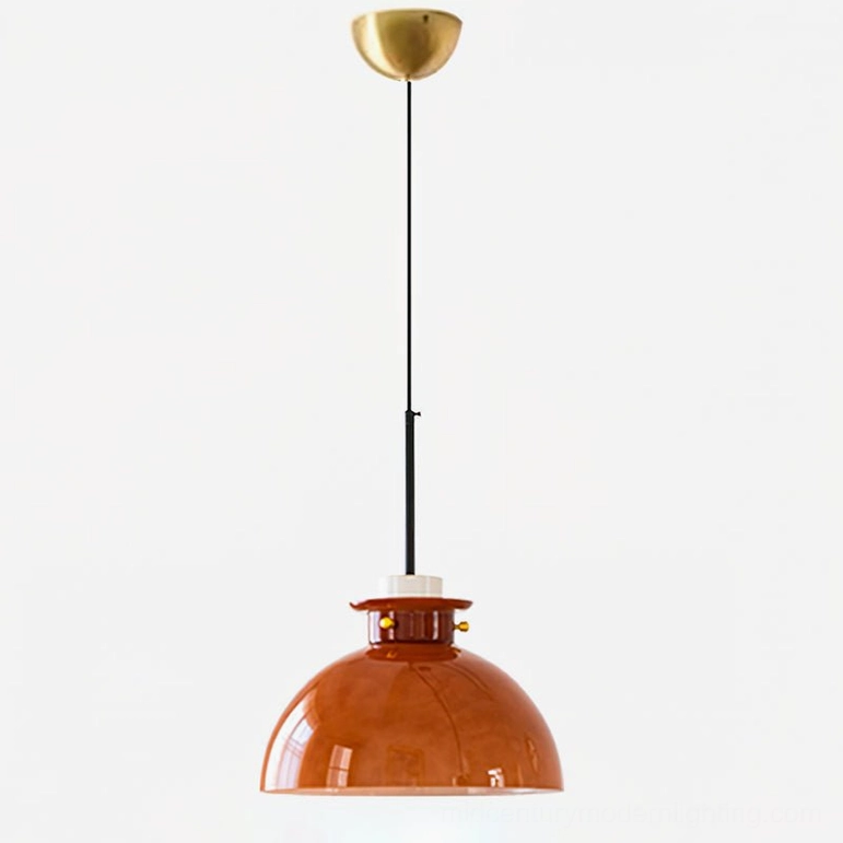 Cabras mid-century modern pendant light 11.8 inches diameter caramel glass with gold brass fixture, product display view