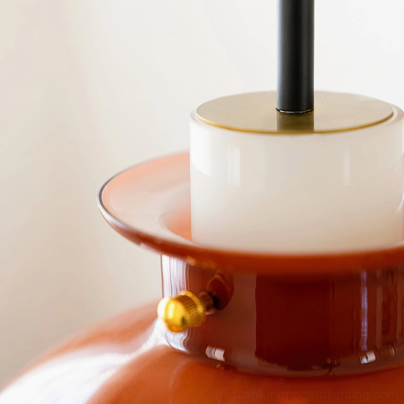 Cabras pendant light fixture close-up showing brass gold accents, white acrylic ring, and black suspension rod hardware