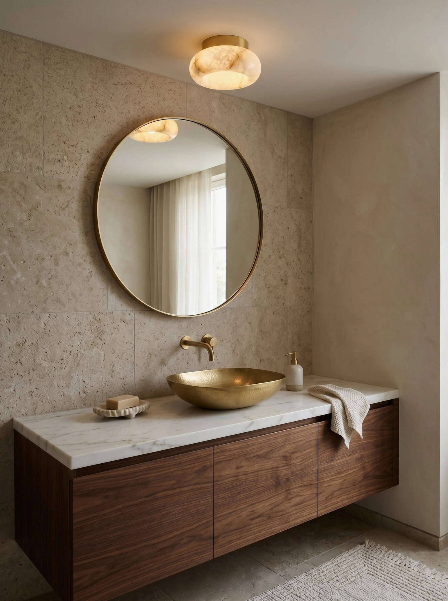 Warm light from Cairns alabaster flush mount diffusing through stone in bathroom vanity area, spa-like luxury ambiance