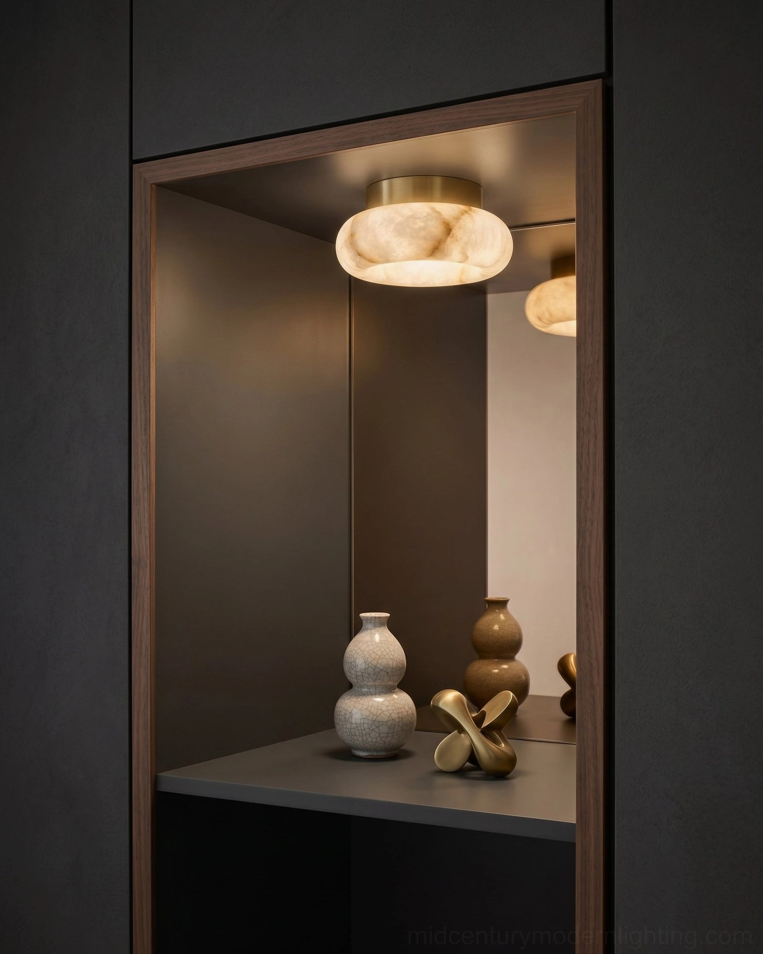 Cairns alabaster flush mount mounted in minimalist entry alcove with reflected light, luxury accent ceiling fixture