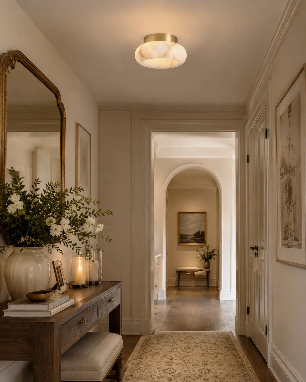 Cairns alabaster ceiling lamp mounted in entrance hallway with vintage mirror and elegant home decor styling