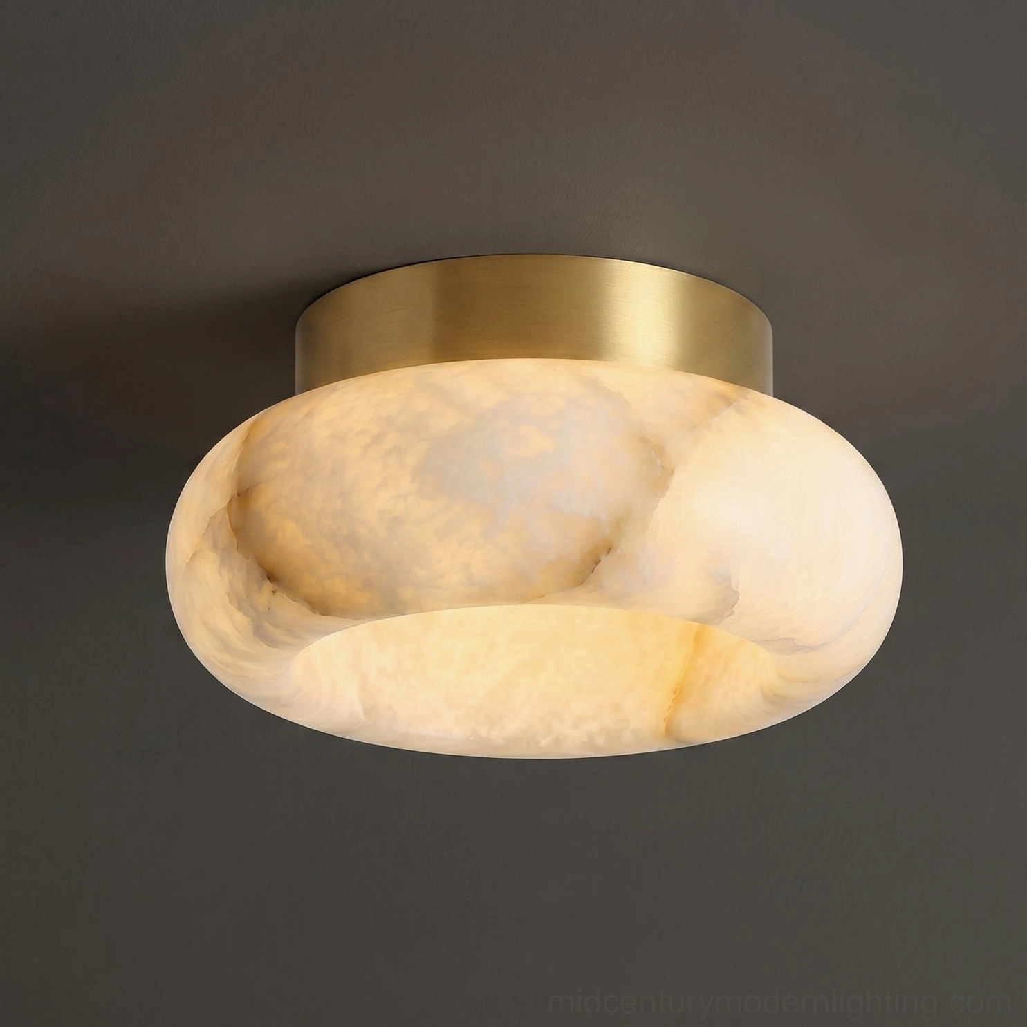 Cairns alabaster flush mount ceiling lamp front view with natural stone texture and organic modern minimalist design