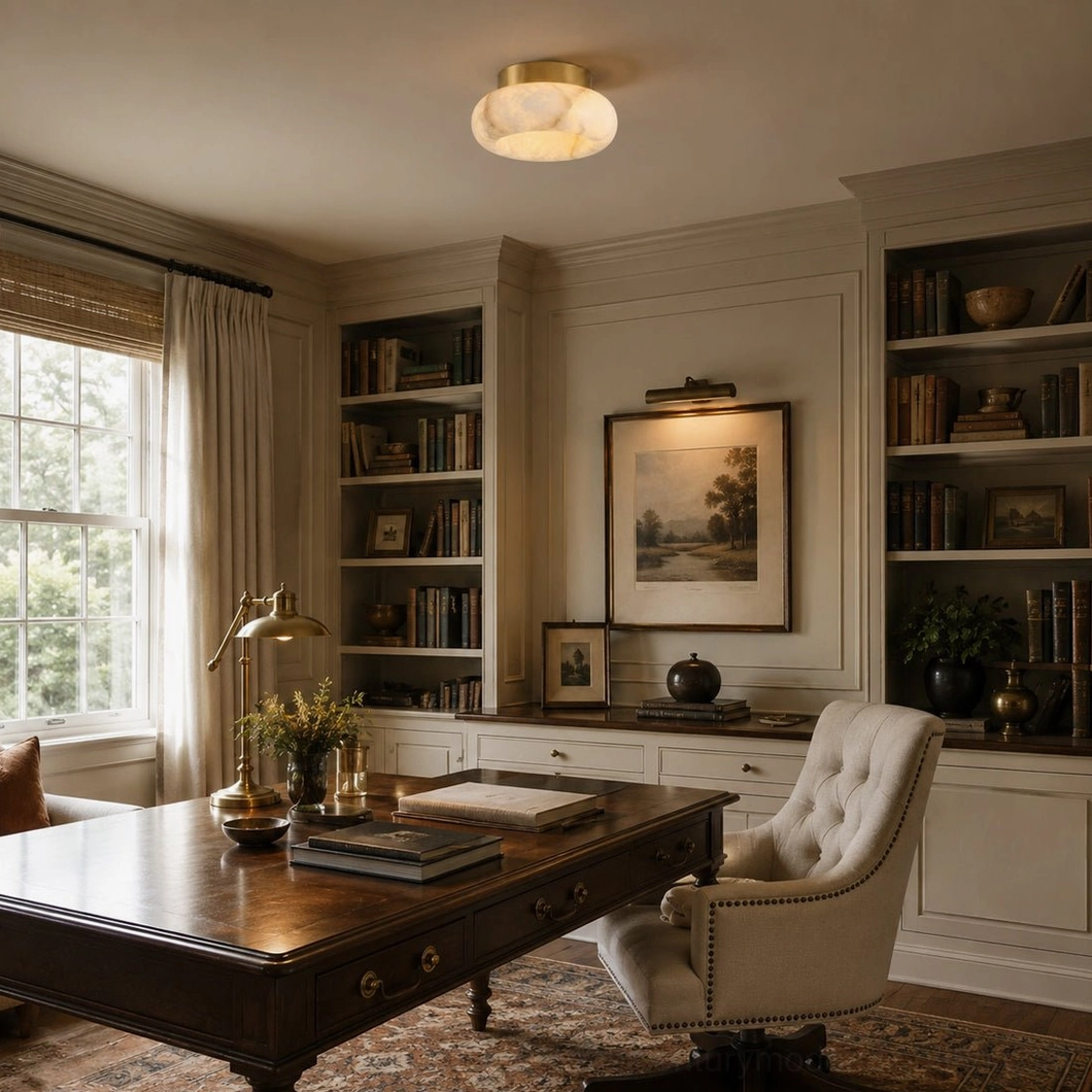 Cairns alabaster ceiling light in luxury home office study, warm wood tones and traditional office decor setting