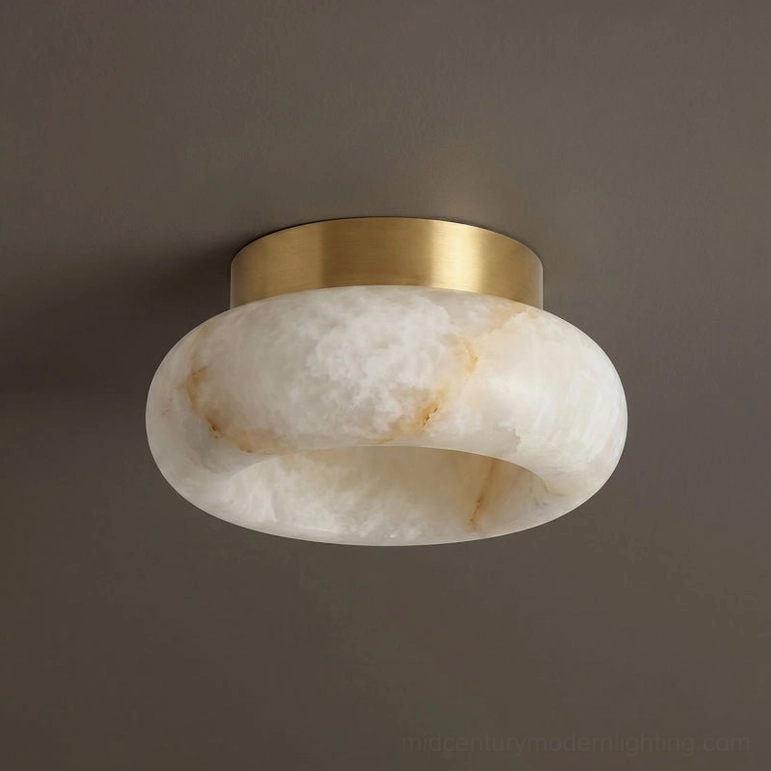 Large diameter Cairns alabaster flush mount ceiling light, 13.8 inches, white and brass, warm ambient illumination