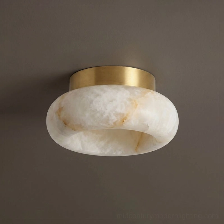 Medium diameter Cairns alabaster flush mount, 9.8 inches, white and brass finish, versatile bedroom and entry lighting