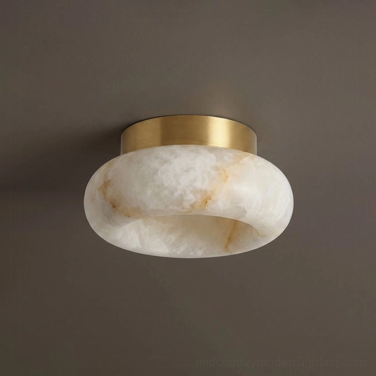 Small diameter Cairns alabaster flush mount, 5.9 inches, white and brass, compact nook and hallway ceiling fixture