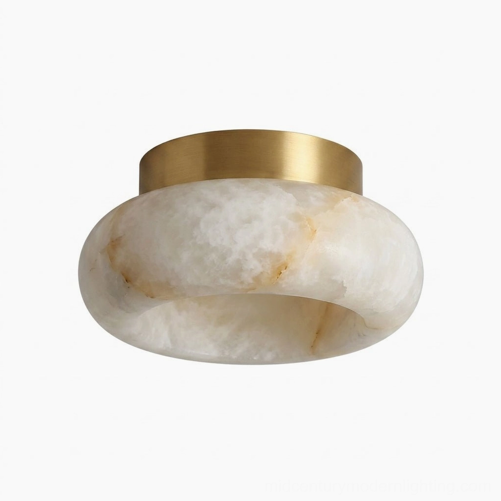 Cairns alabaster flush mount ceiling lamp low angle view showing natural stone veining and brass top detail