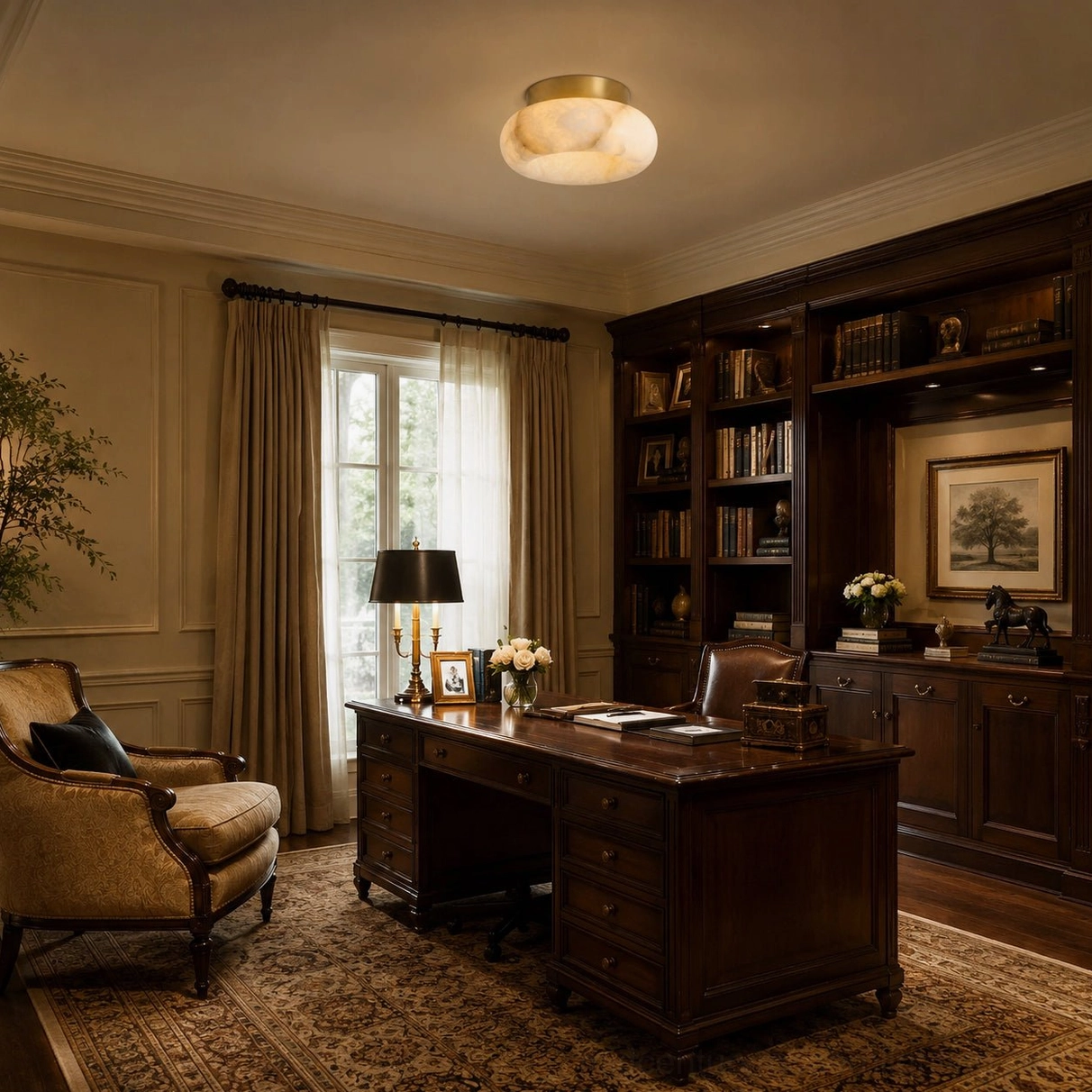 Lit Cairns alabaster flush mount in study lounge with vintage lounge chair, classic warm home library ambiance