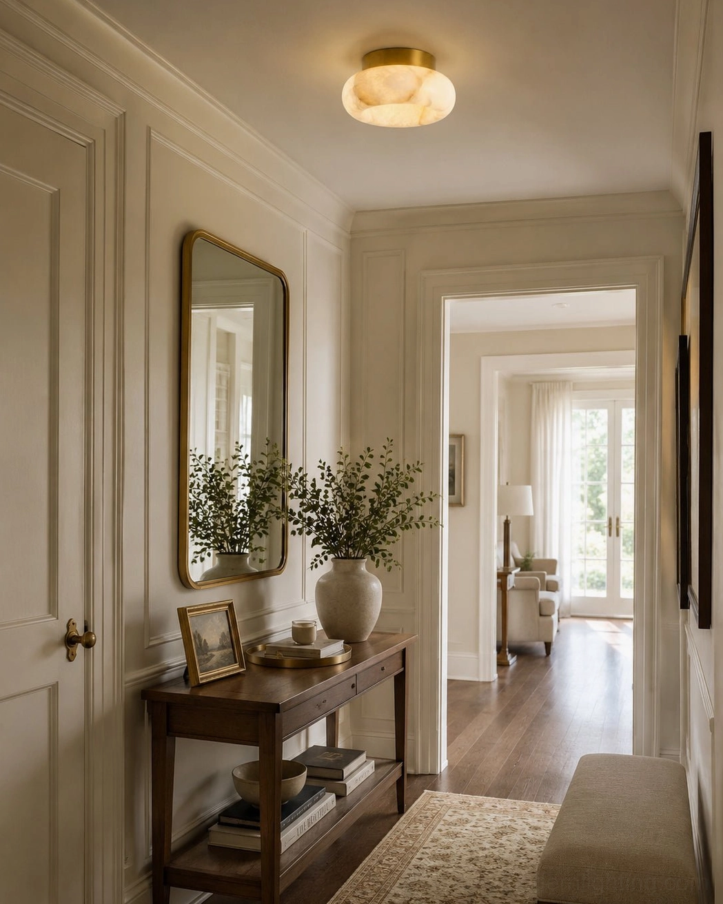 Illuminated Cairns alabaster flush mount in residential hallway with console table, traditional neutral home interior