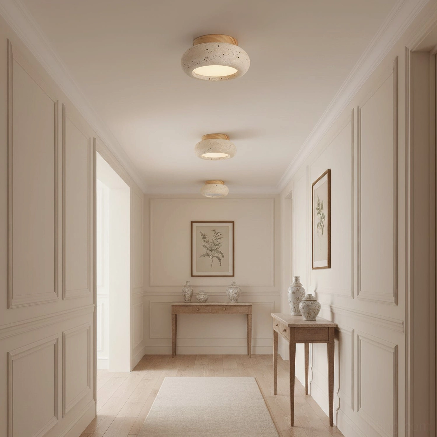 Cairns flush mount light installed in minimalist beige hallway with paneled walls and wood flooring