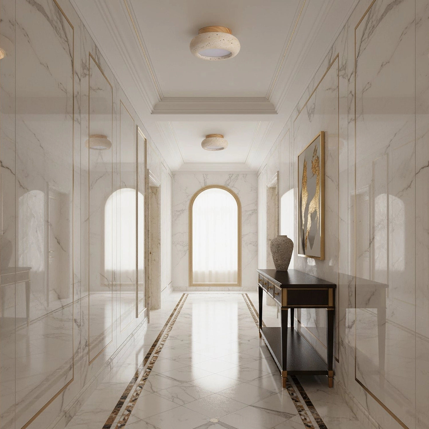 Cairns travertine light in neoclassical luxury hallway with marble arched window and elegant decor