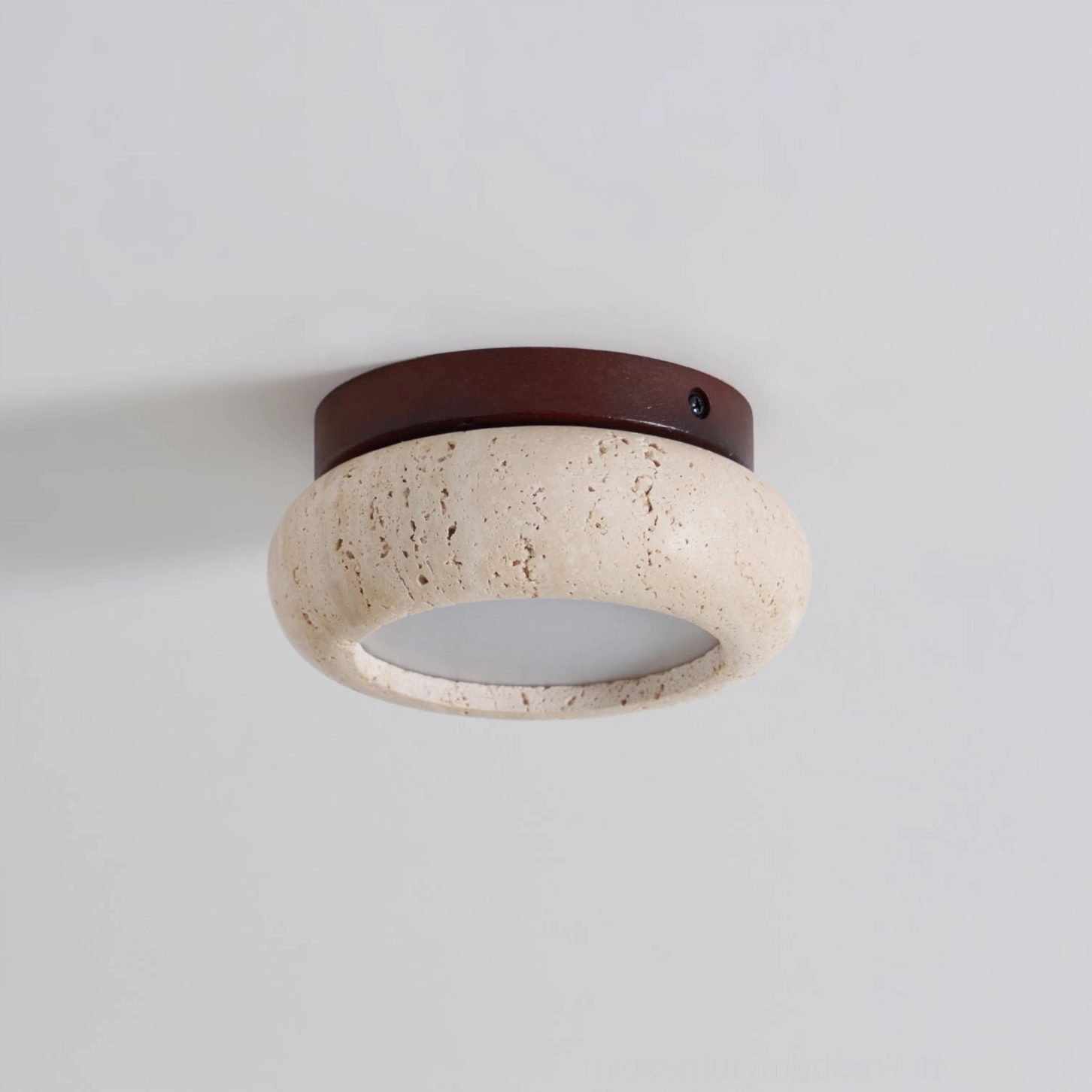 Cairns travertine ceiling light showing wood base and stone disc profile dimensions