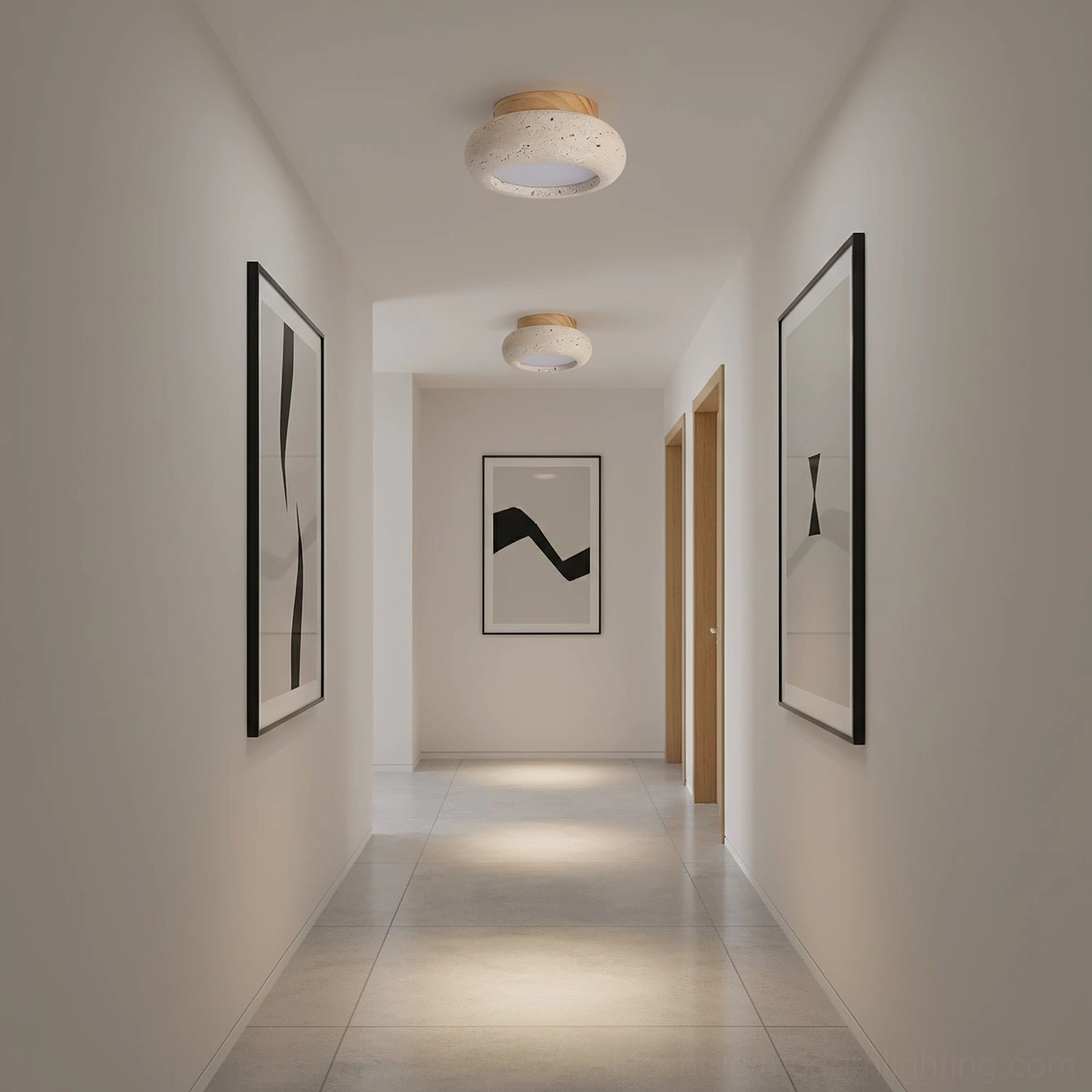 Cairns ceiling fixture in minimalist modern hallway with wall art and neutral warm lighting