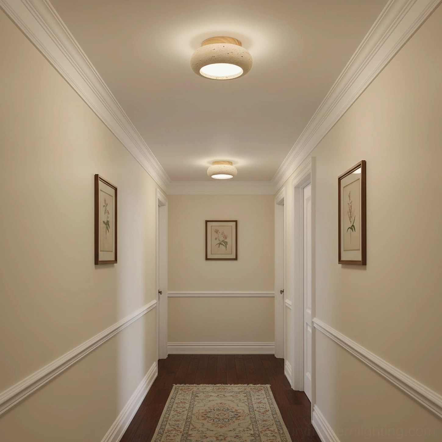 Cairns flush mount light installed in American pastoral wainscoting hallway with classic decor