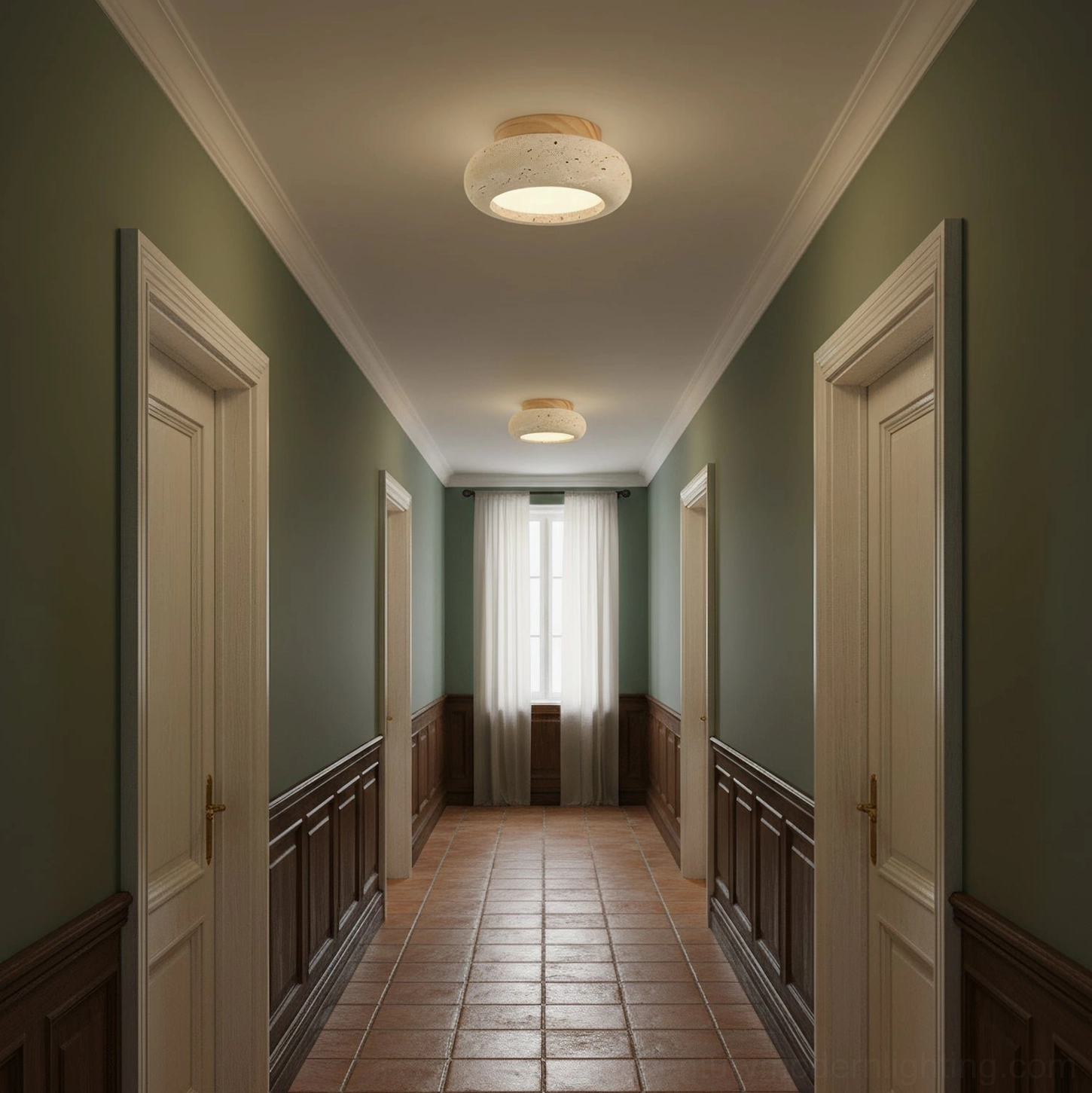 Cairns travertine light in American vintage green wainscoting hallway with warm ambient lighting