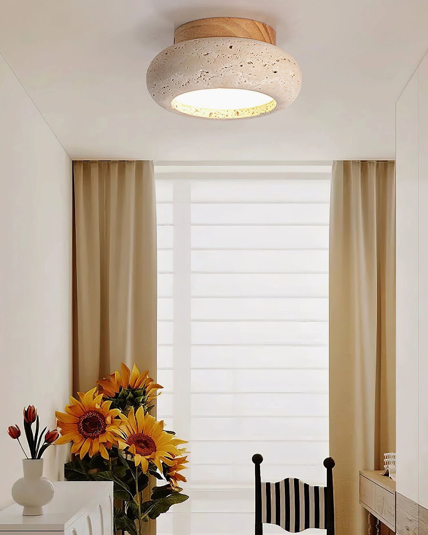 Cairns ceiling light installed in cozy corner with sunflower decoration and minimalist wabi-sabi style