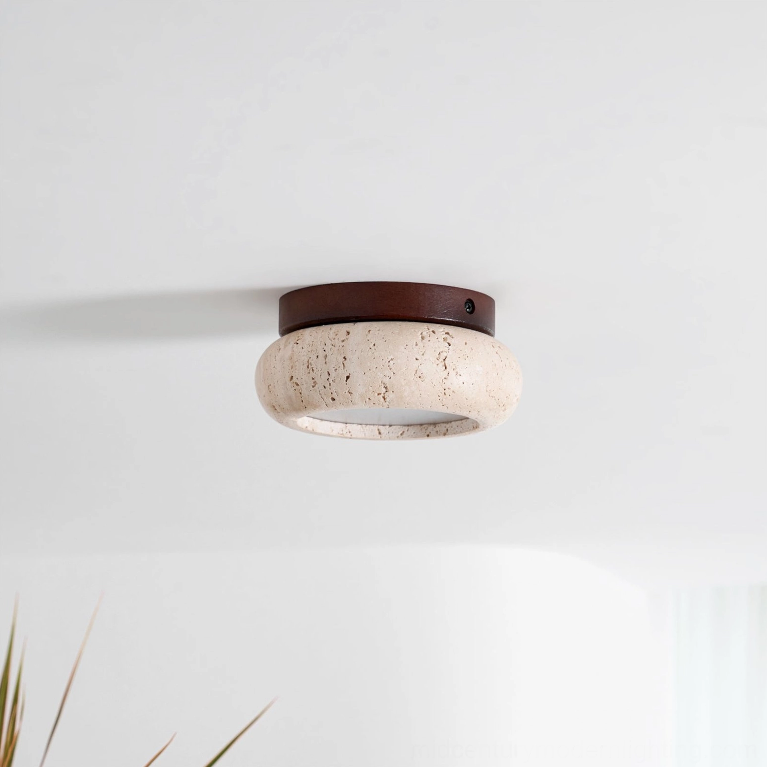 Cairns mid-century modern travertine ceiling light sculptural stone design detail