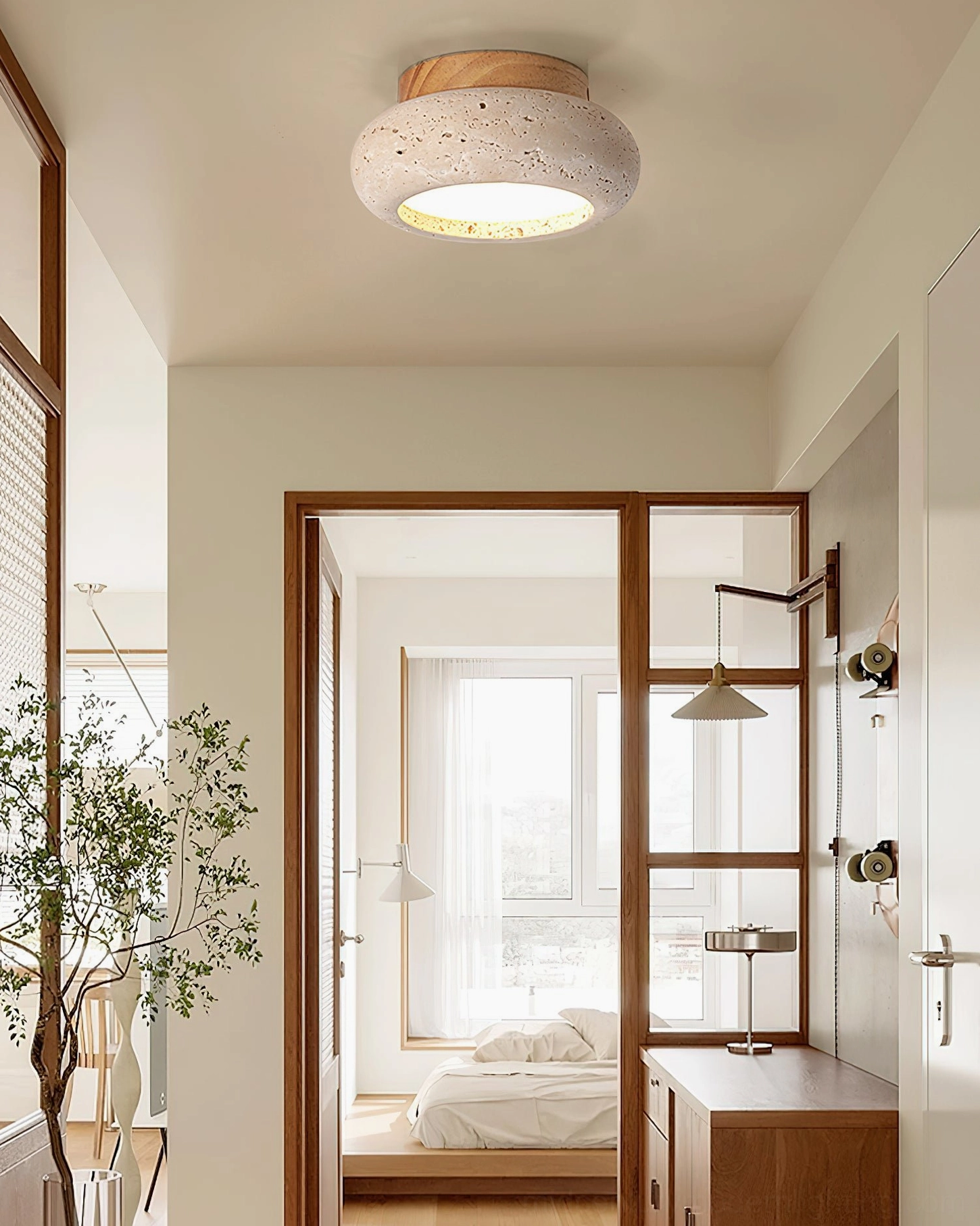 Cairns natural wood and travertine flush mount ceiling light Scandinavian minimalist design