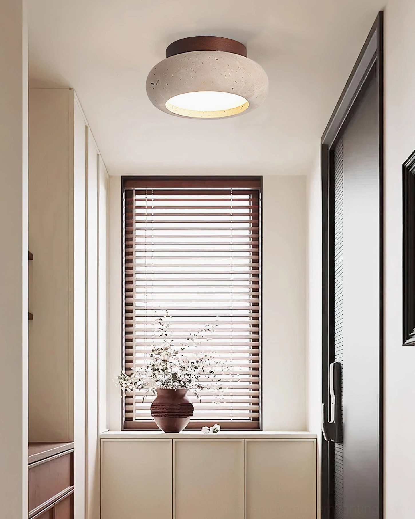Cairns travertine ceiling fixture walnut and beige finish high-contrast modern interior