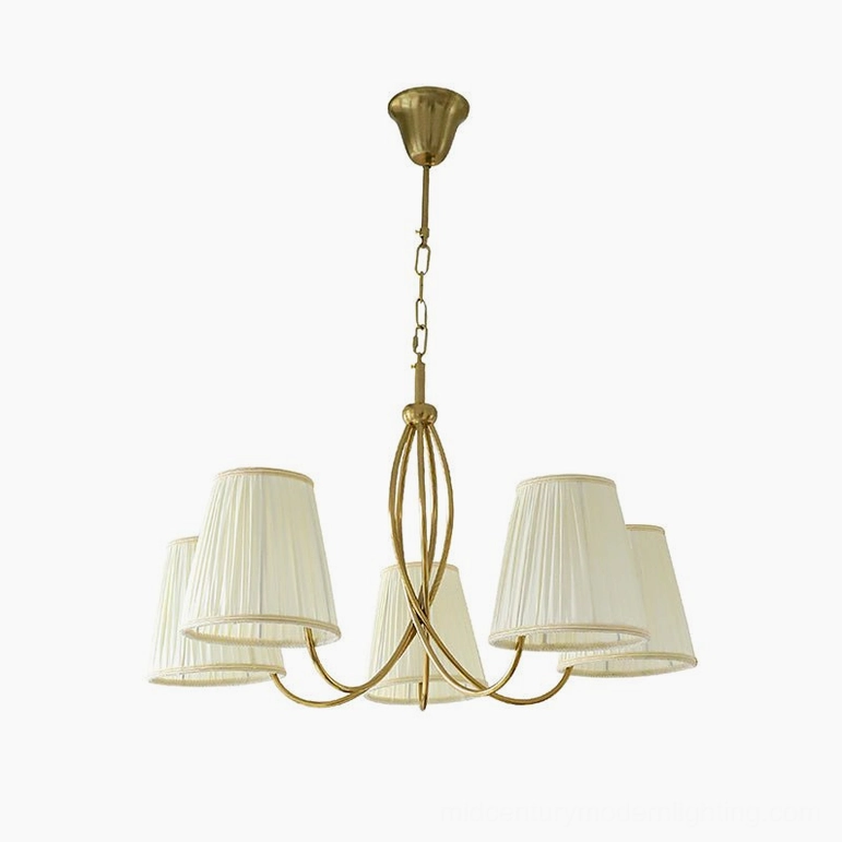 Calistoga 5-light brass chandelier with beige pleated fabric shades, product shot for color and finish