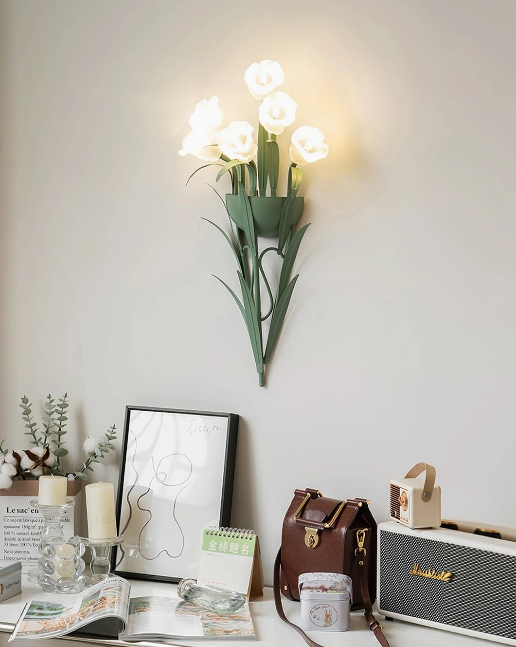 Detailed view of calla lily wall sconce frame geometry and botanical silhouette