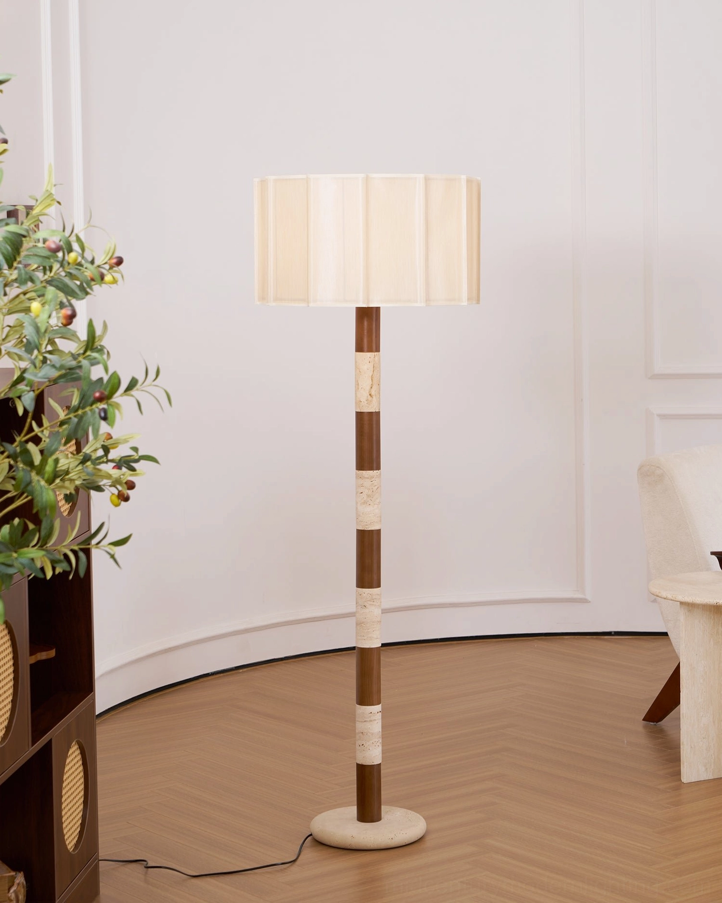 Calypso mid-century modern floor lamp detail of striped column alternating wood and travertine sections